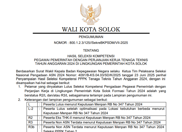 Pengumuman hasil Seleksi Kompetensi PPPK TEKNIS