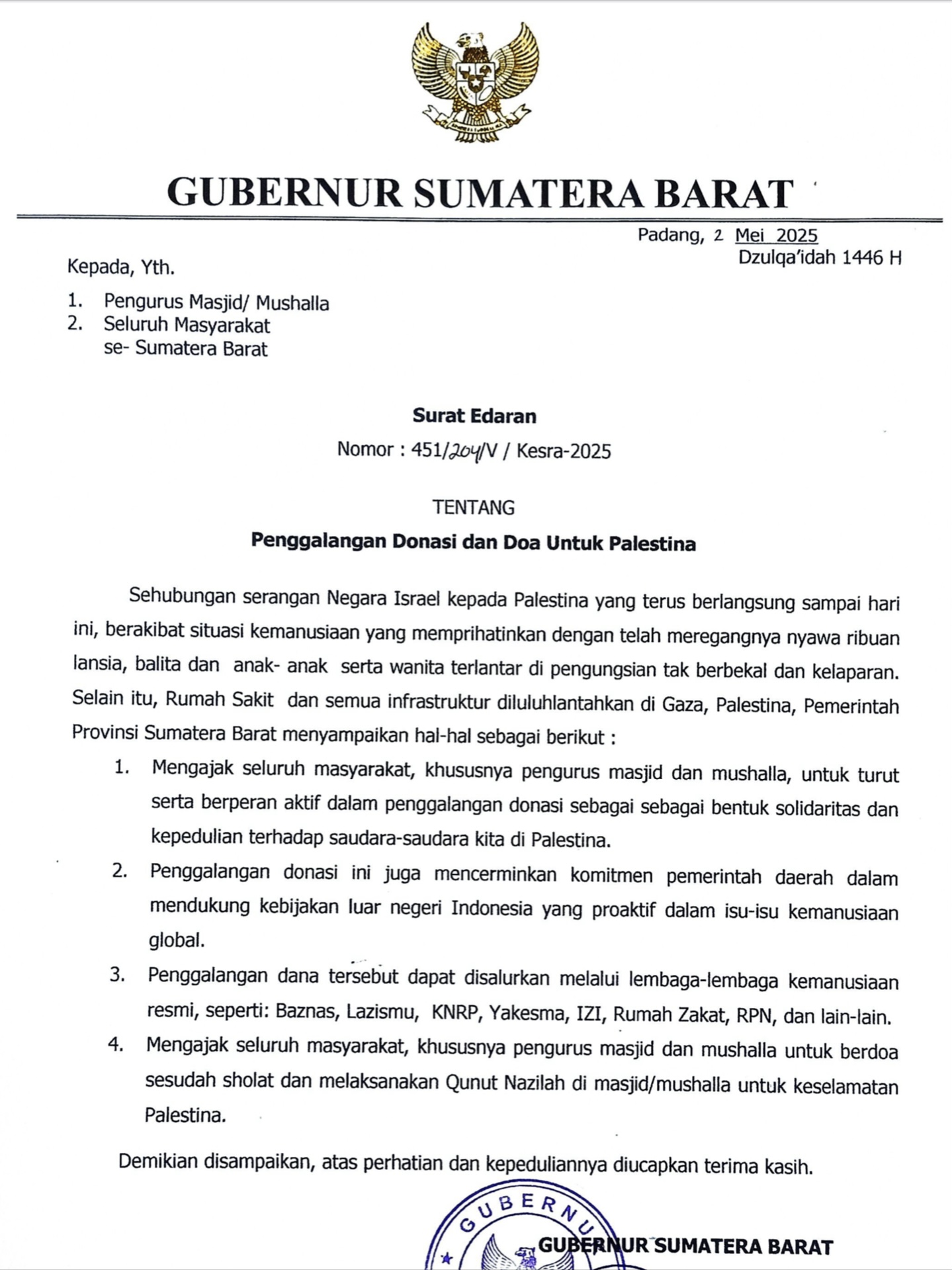 Surat Edaran Gubernur Sumbar Tentang Penggalangan Donasi dan Doa Untuk Palestina